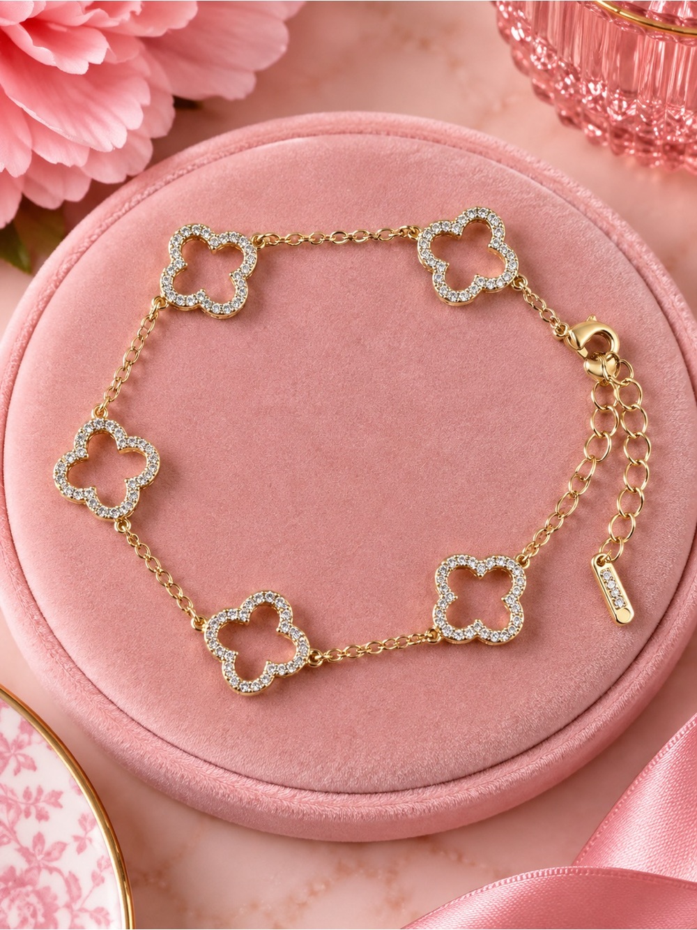 Gold Four-Leaf Clover Crystal Station Bracelet - Women Jewelry